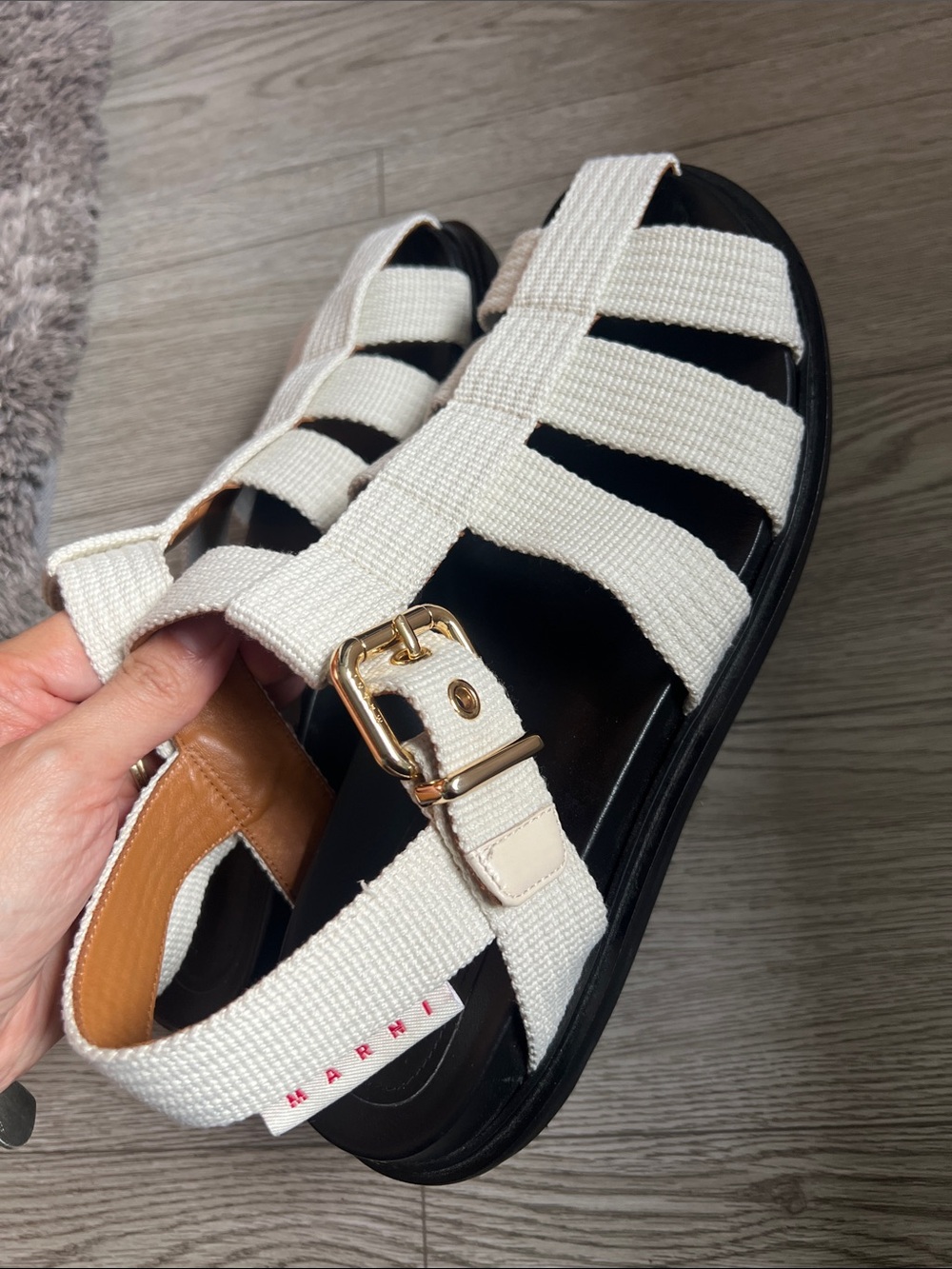 Marni Cream Woven Gladiator Sandals with Gold Buckle